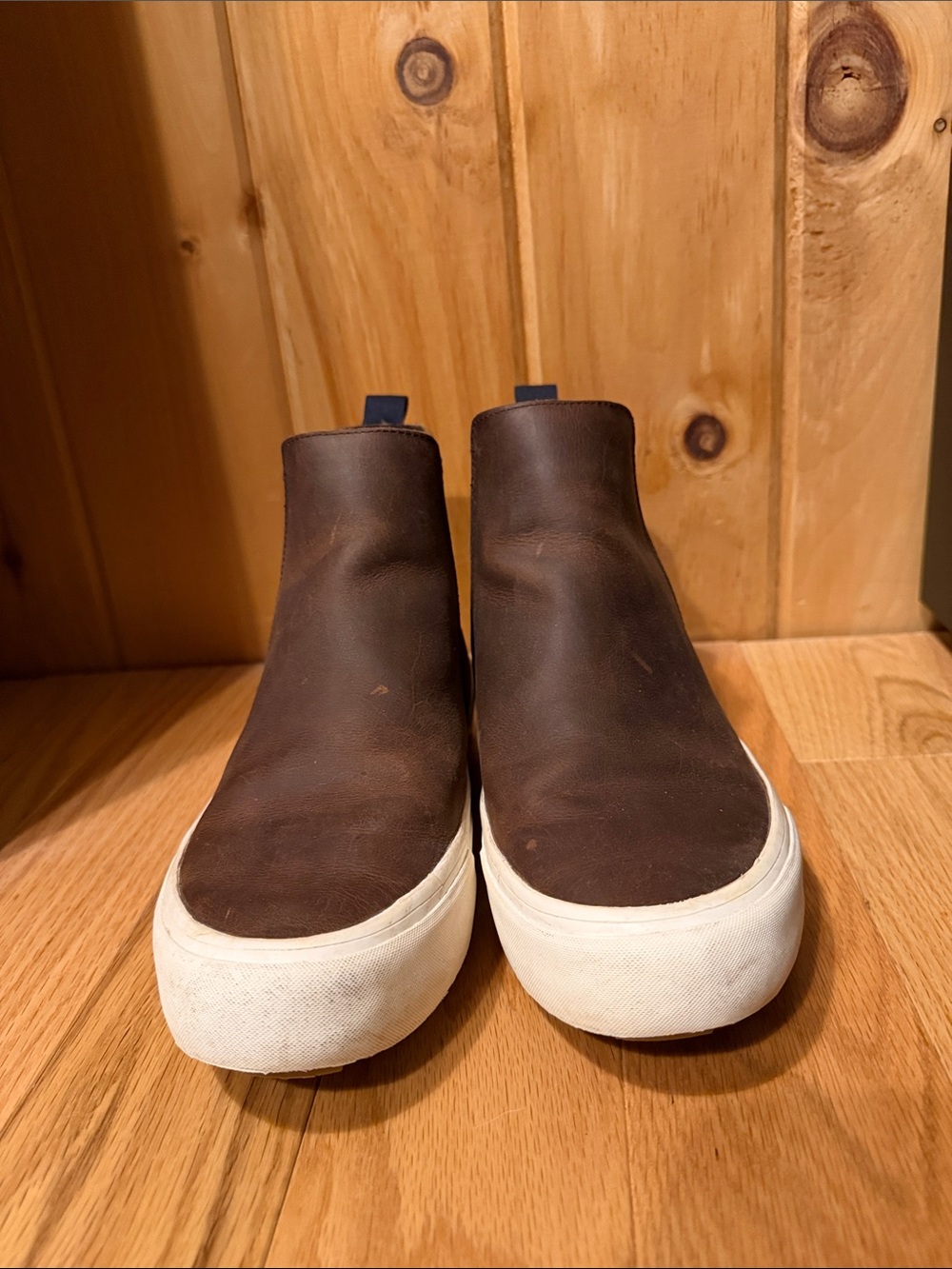 SeaVees Brown Leather Chukka Slip-On Boots with White Sole